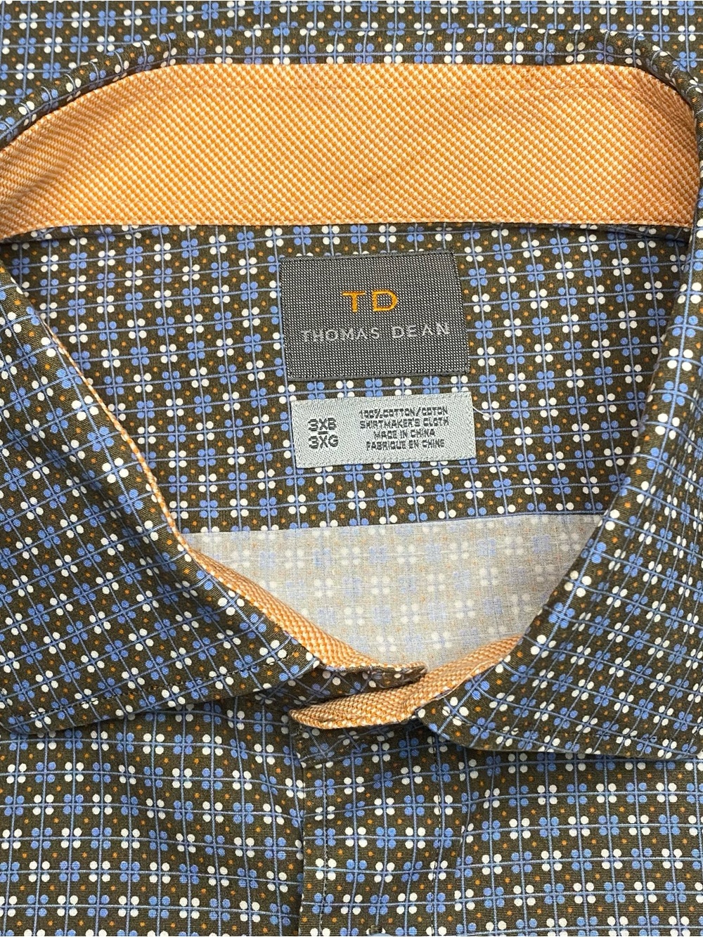 Thomas Dean Geometric Dress Shirt Men 3XB Blue White Print Long Sleeve